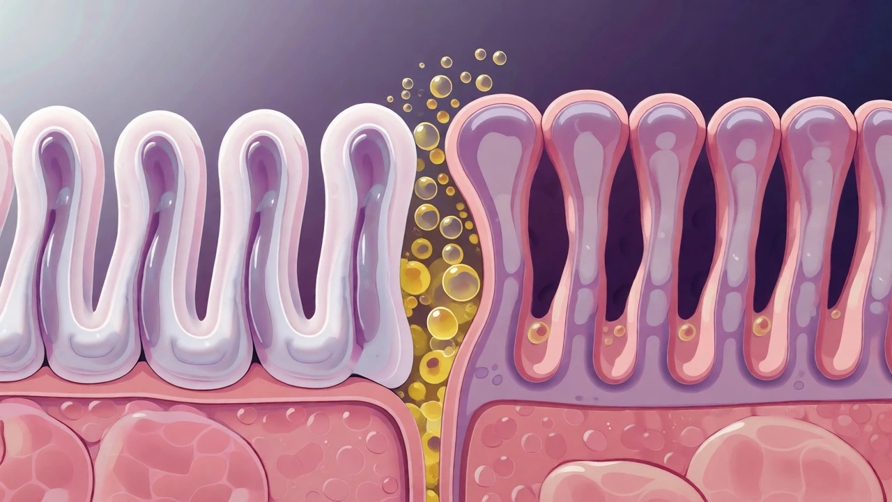 Medical illustration comparing healthy and damaged intestinal villi with trapped gas bubbles.