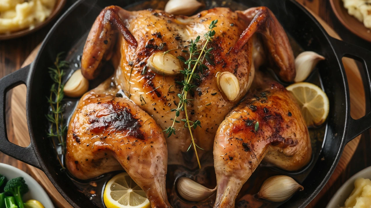 Perfectly roasted golden chicken with herbs and lemon