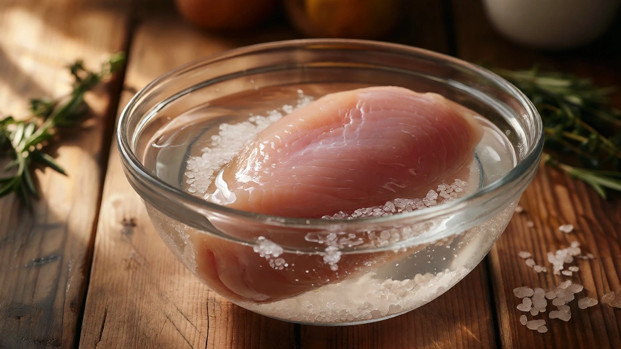Raw chicken breast being soaked in a salty brine solution