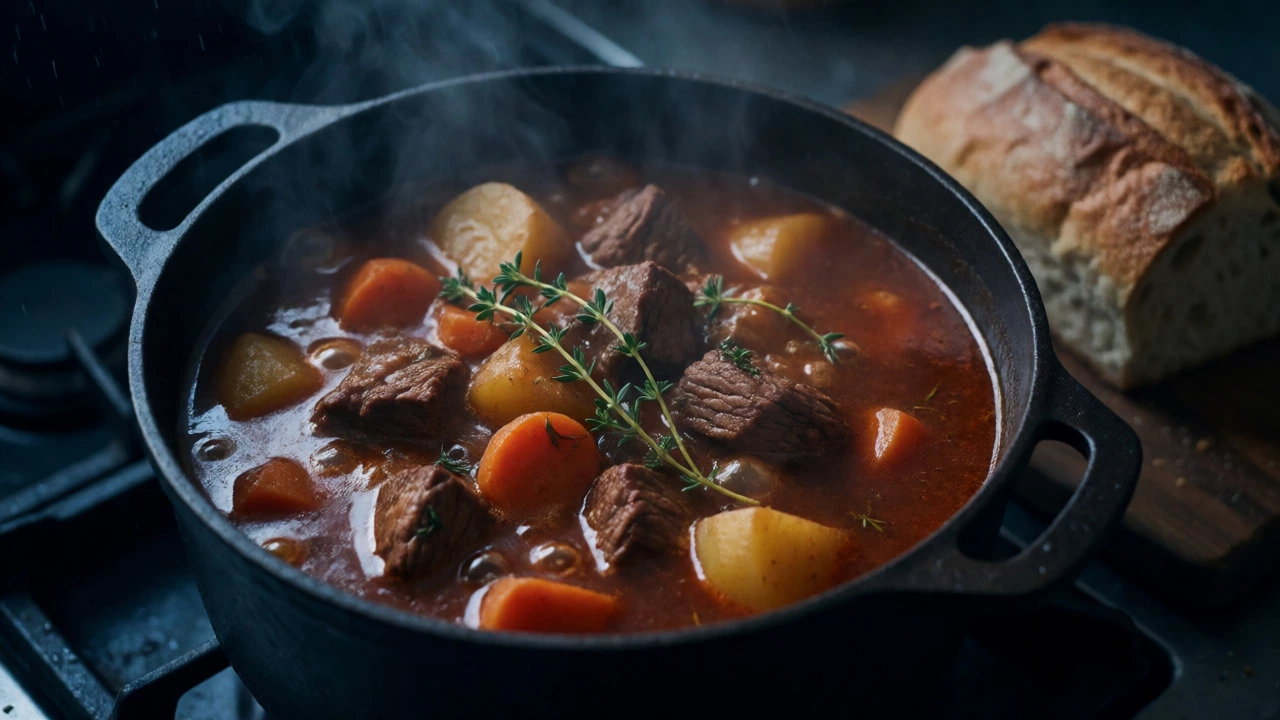Simmering pot of hearty beef stew with vegetables on a rustic stove