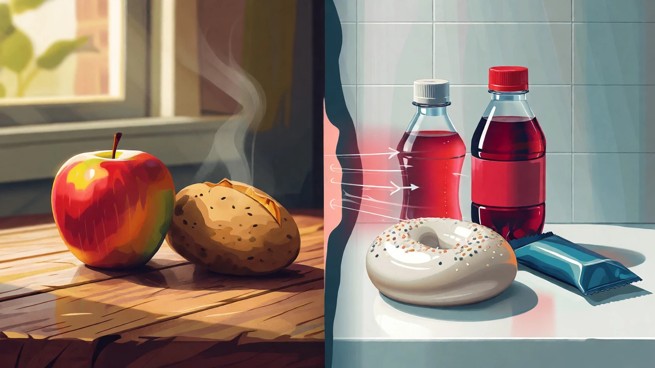 Split image comparing healthy carbs vs refined sugar sources