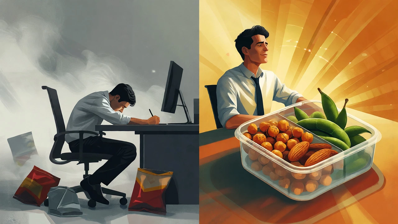 Split view contrasting a tired worker with chips versus an energetic one with healthy snacks.