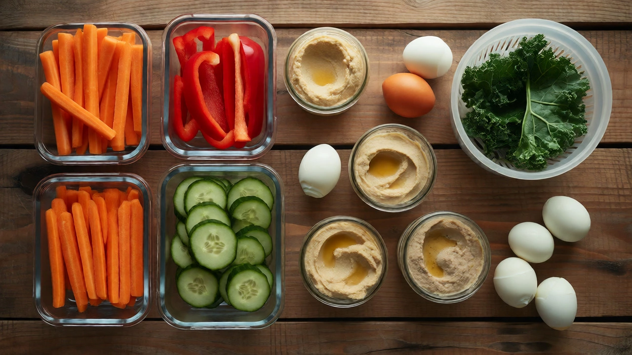 Sunday meal prep with veggie sticks, hummus, and eggs on a wooden table.