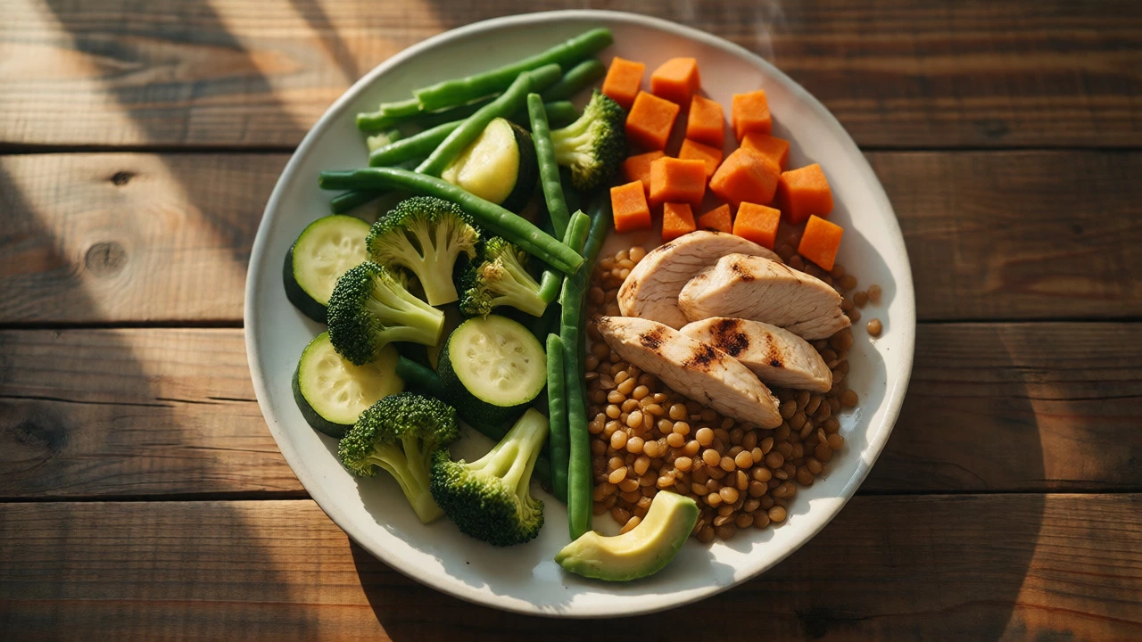 Top-down view of a balanced meal with vegetables, lean protein, and legumes