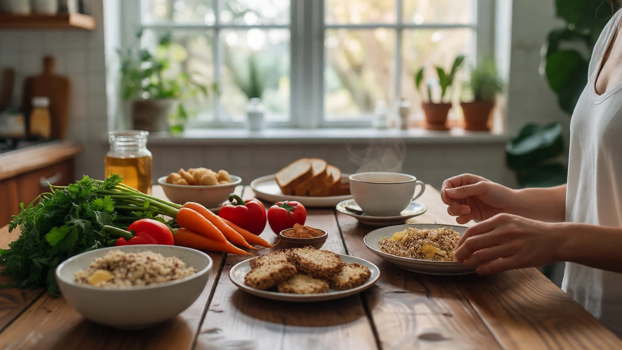 Woman preparing a healthy gluten-free meal with quinoa, vegetables, and ginger tea in a bright kitchen.