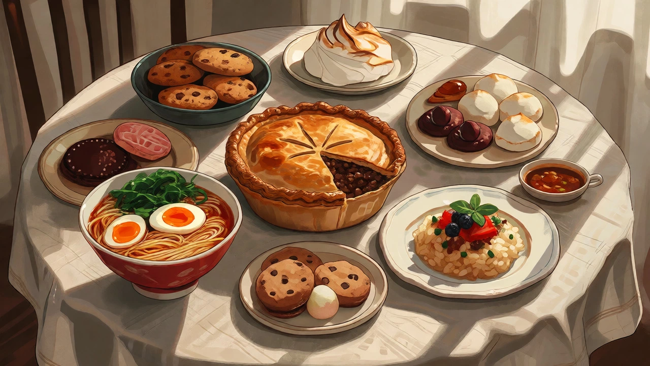 Assorted global comfort foods including pie, ramen, and risotto