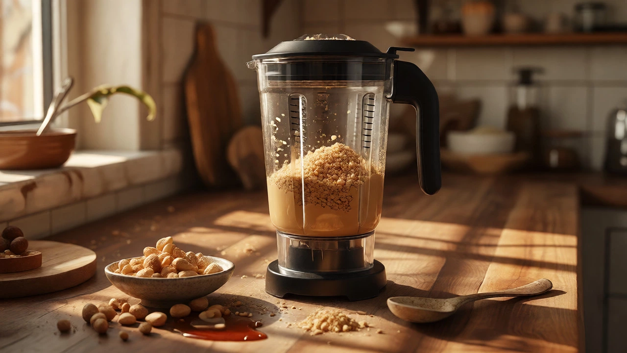 Blender making homemade peanut butter with peanuts and maple syrup