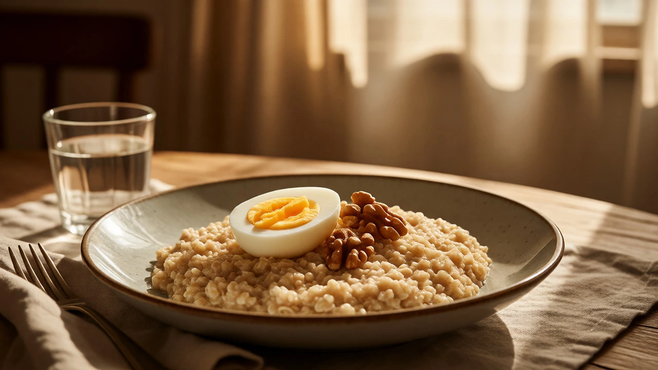 Bowl of oatmeal topped with sliced boiled egg and walnuts on a table