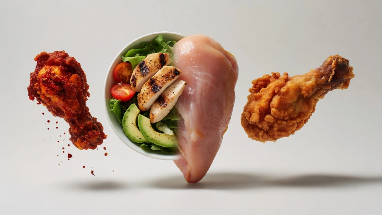 Collage showing chicken prepared in Korean, salad, and Southern styles