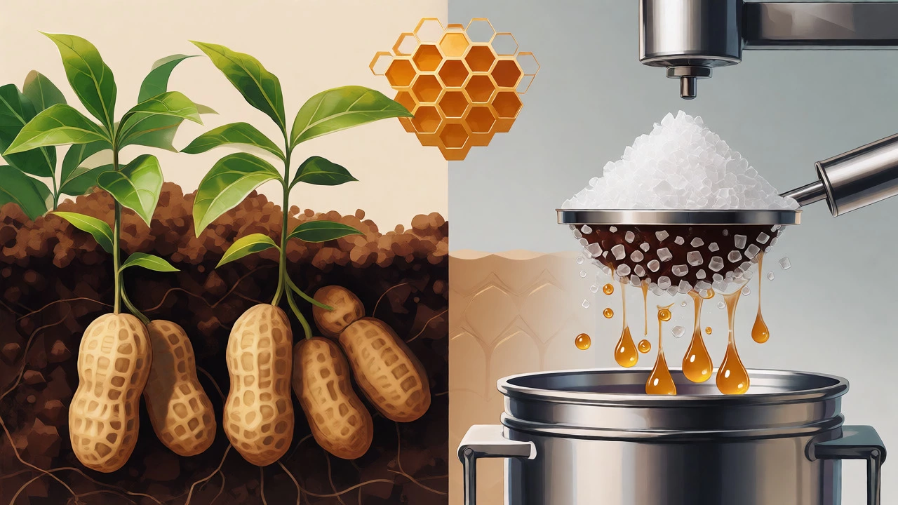 Conceptual art showing peanuts, sugar processing, and palm oil