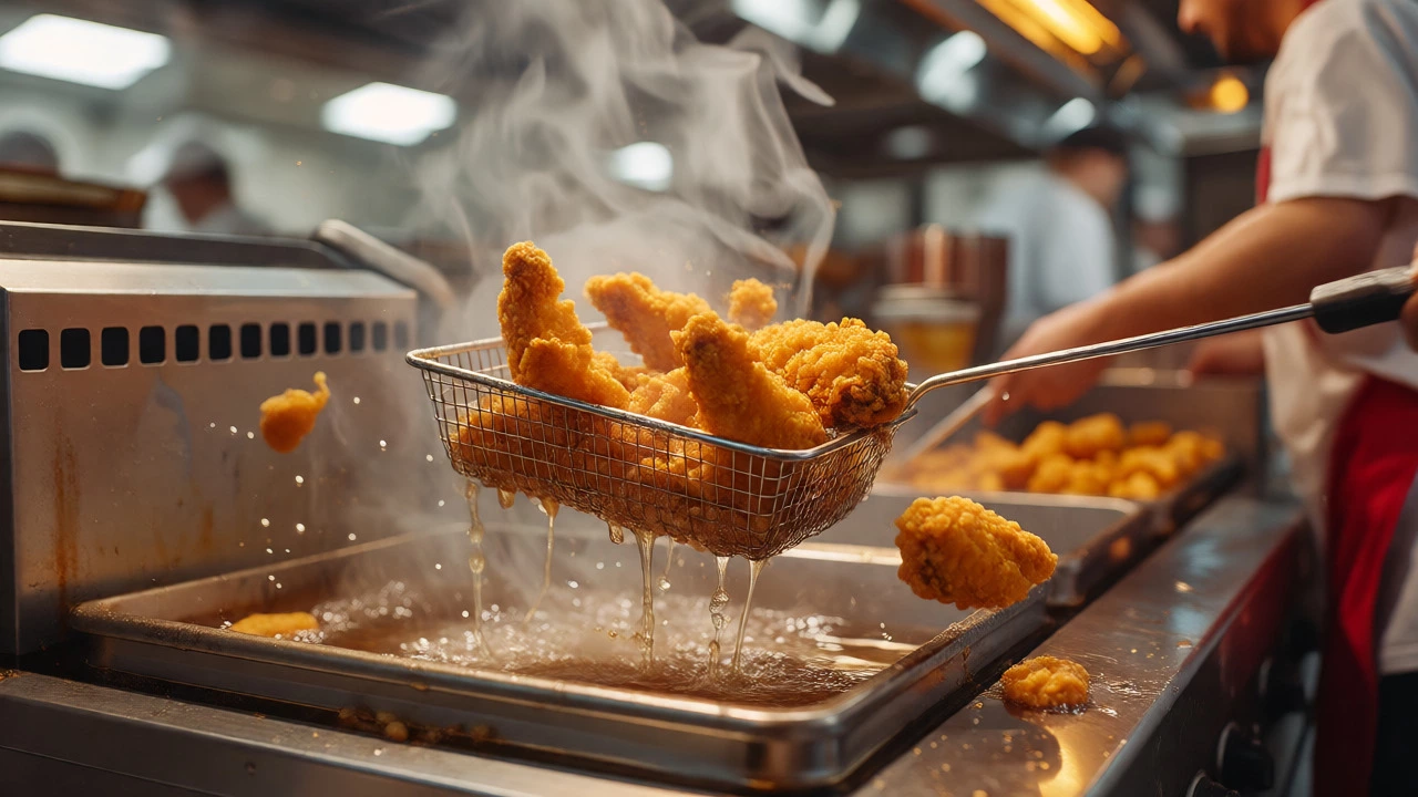Crispy fried chicken wings being lifted from a hot fryer basket
