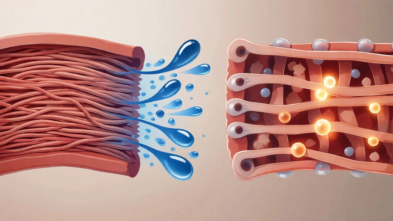 Diagram comparing tight muscle fibers losing juice versus brined fibers retaining moisture.