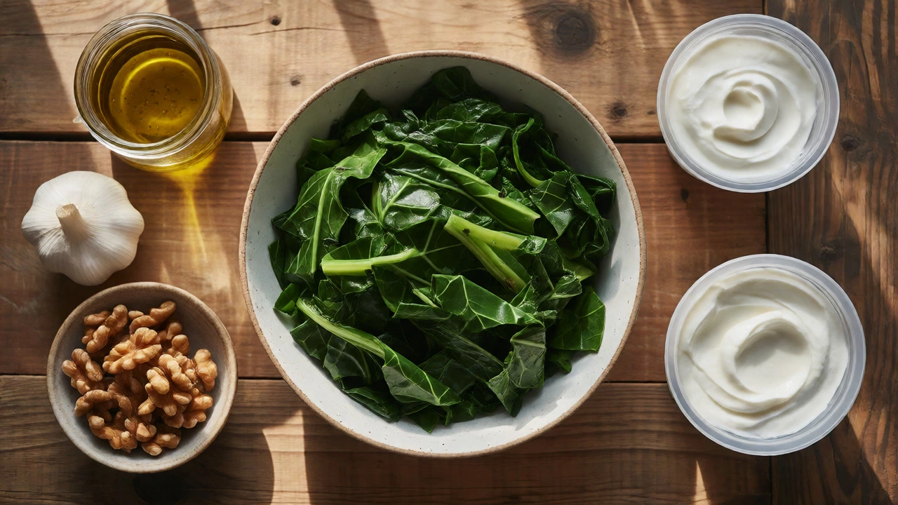 Flat lay of sautéed greens with walnuts, garlic, and olive oil