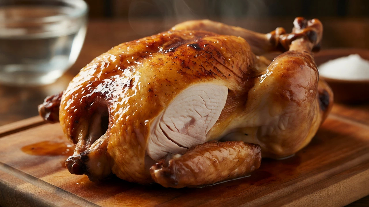 Golden roasted chicken with crispy skin and juicy interior resting on a wooden board.
