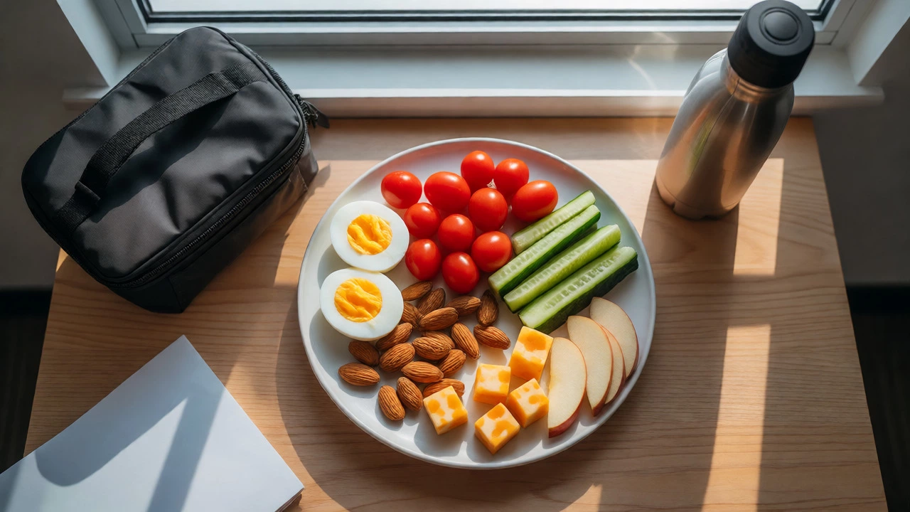 Healthy adult snack plate with eggs, veggies, nuts, and cheese on an office desk.
