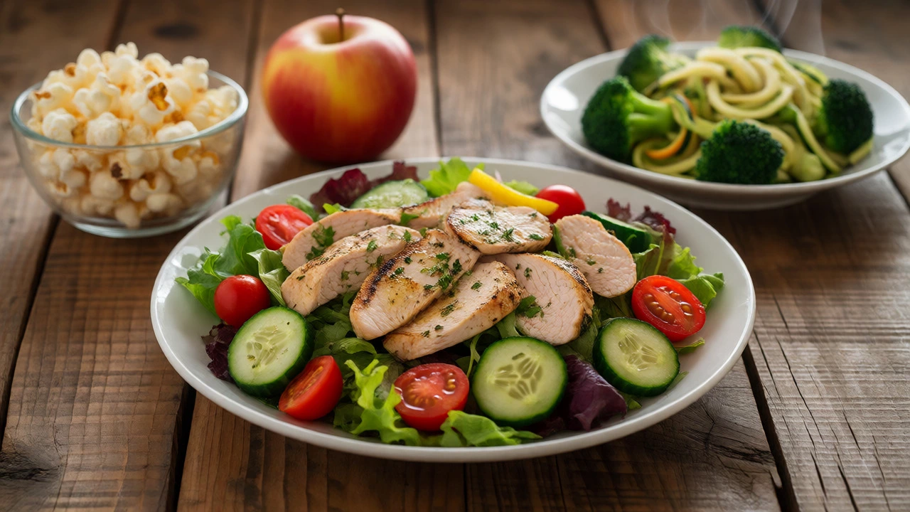 Healthy high-volume salad with chicken and popcorn snack