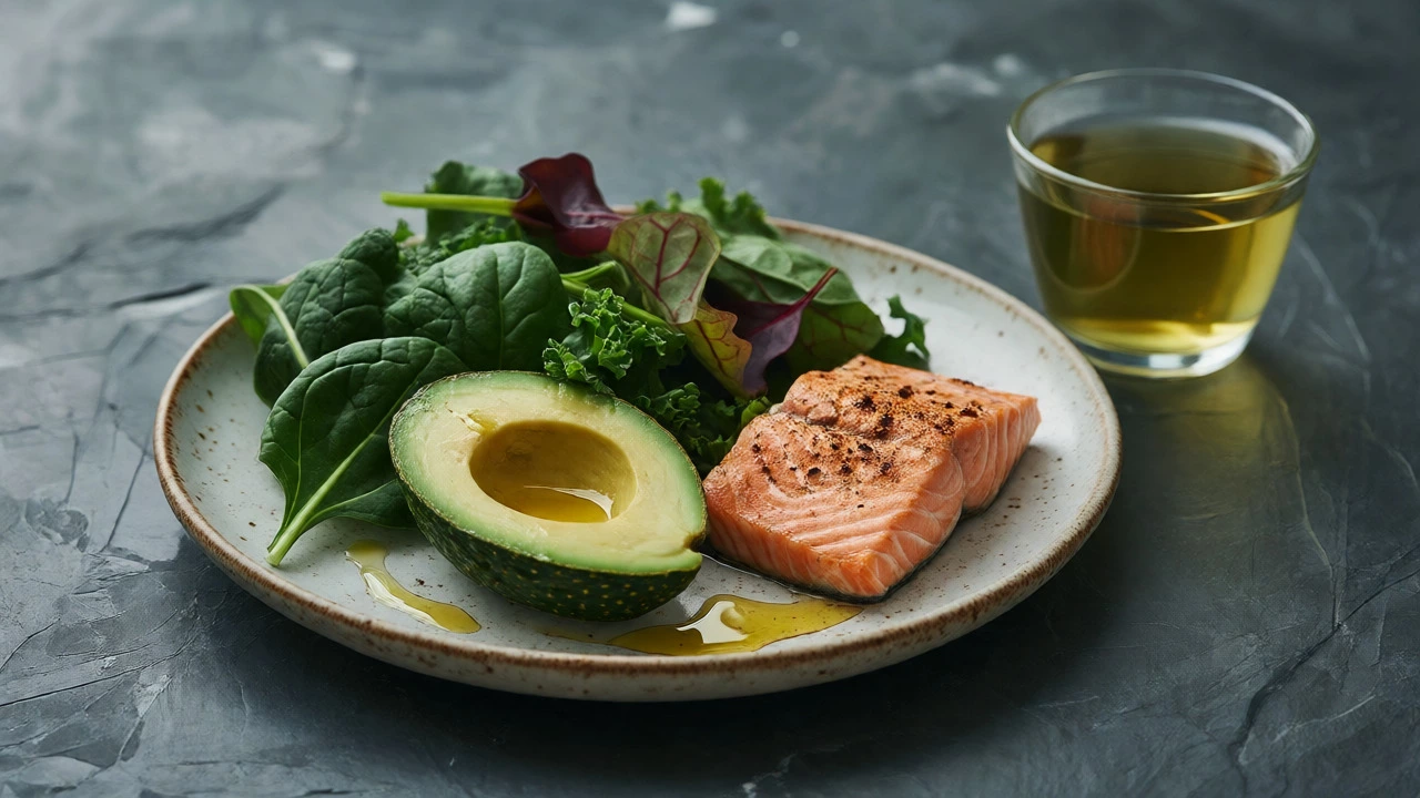 Healthy lunch plate with avocado, salmon, greens, and green tea