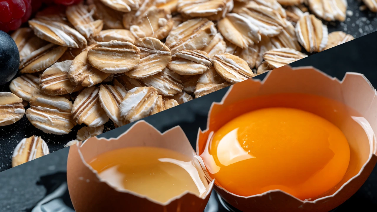 Macro close-up of raw rolled oats and cracked eggs with bright yolks
