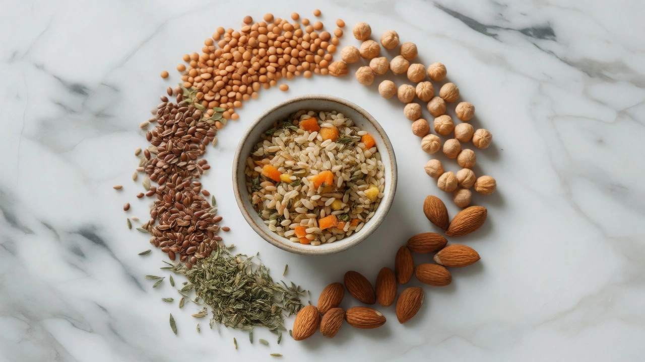 Minimalist still life of balanced vegan ingredients on a marble surface
