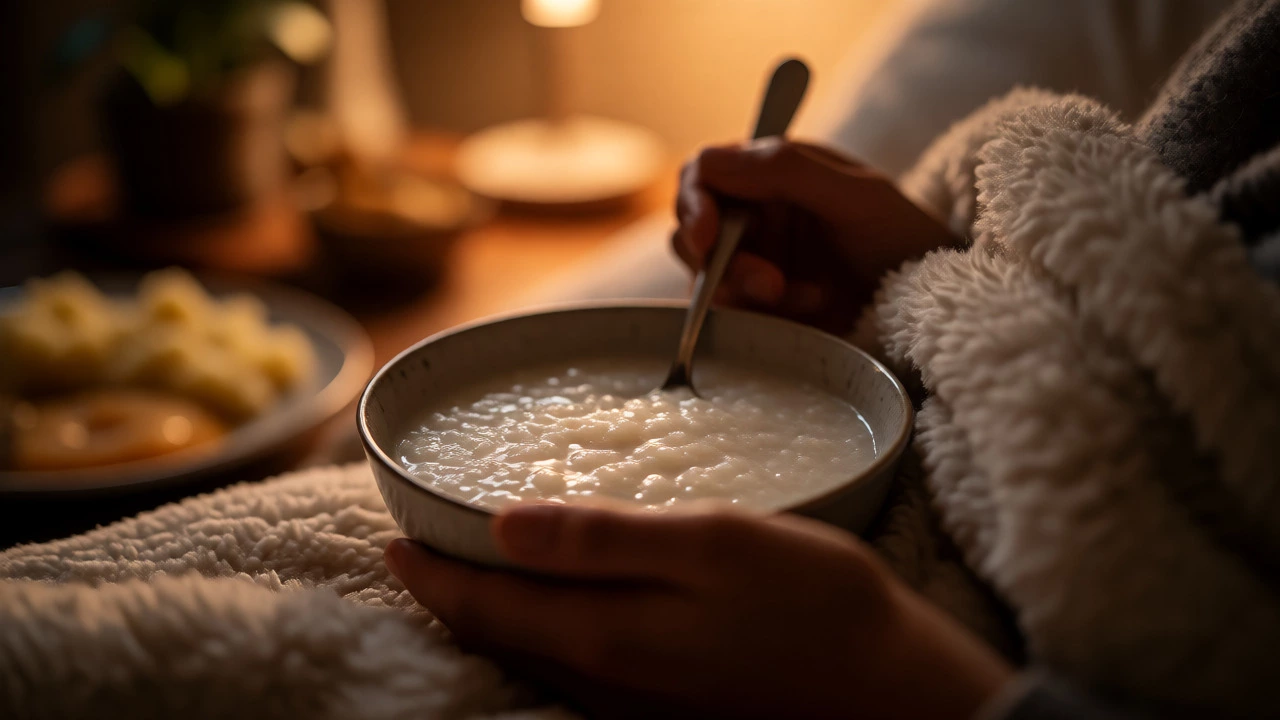 Person eating rice porridge in bed