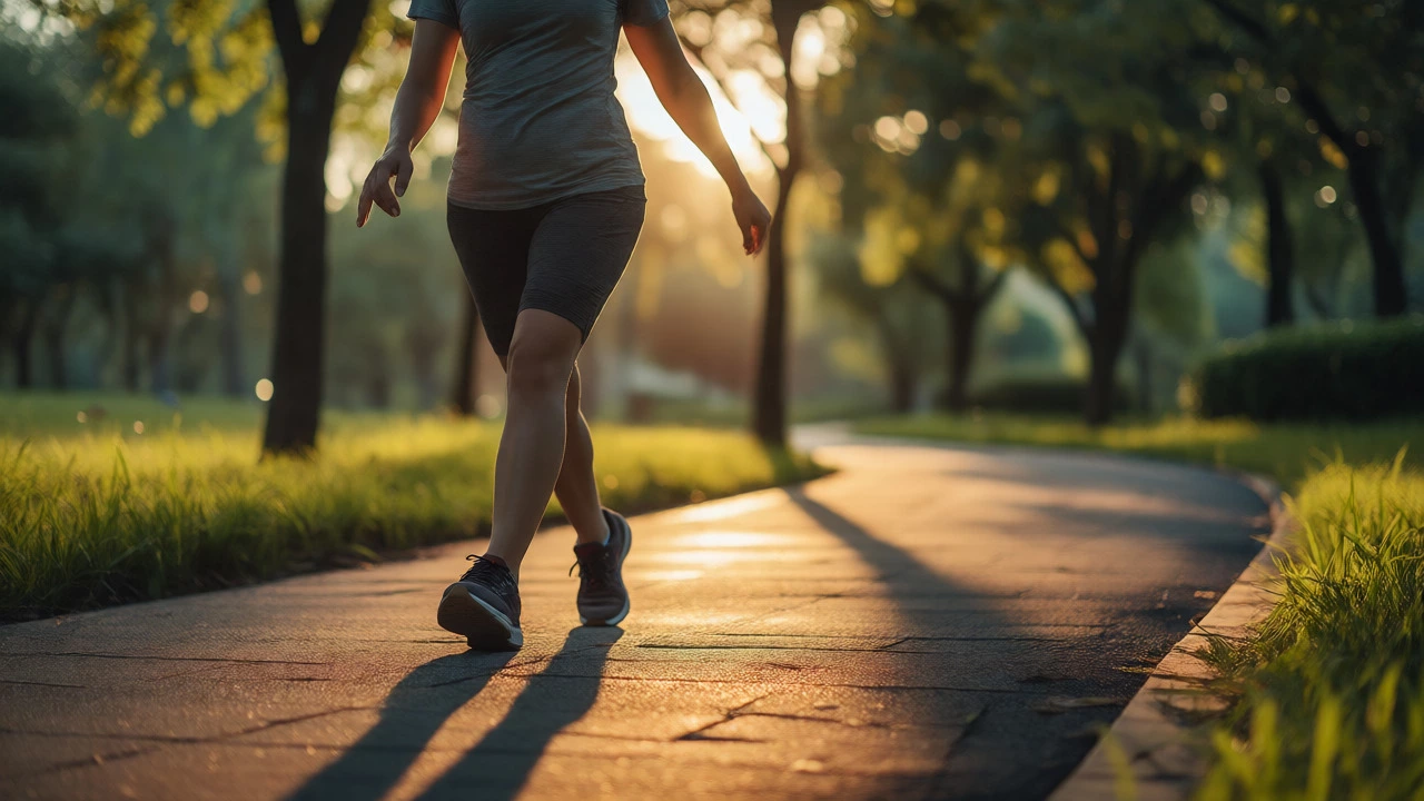 Person walking briskly on a park path at golden hour