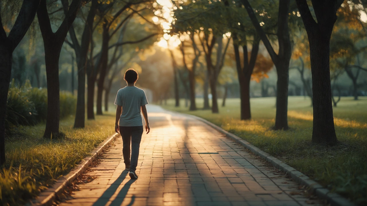 Person walking peacefully in a park to aid digestion
