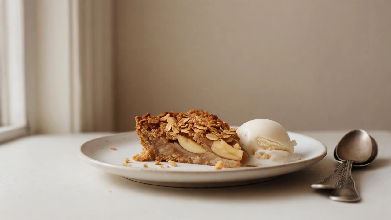 Slice of apple crumble with melting ice cream on a plate