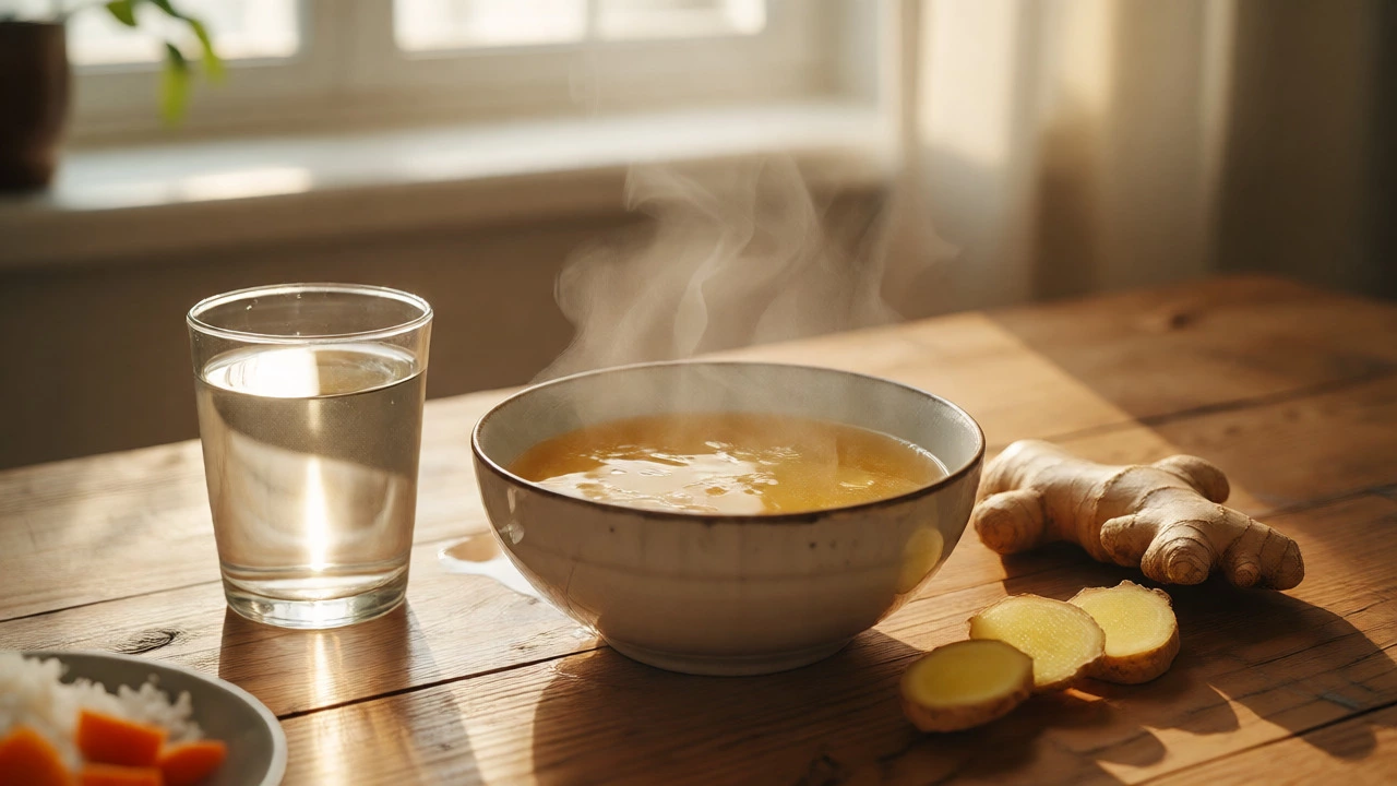 Steaming bowl of bone broth and ginger tea for gut healing