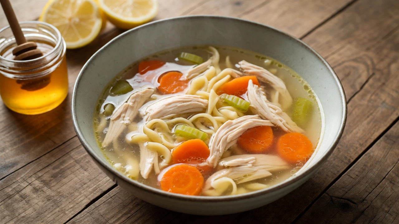 Steaming bowl of chicken noodle soup with honey
