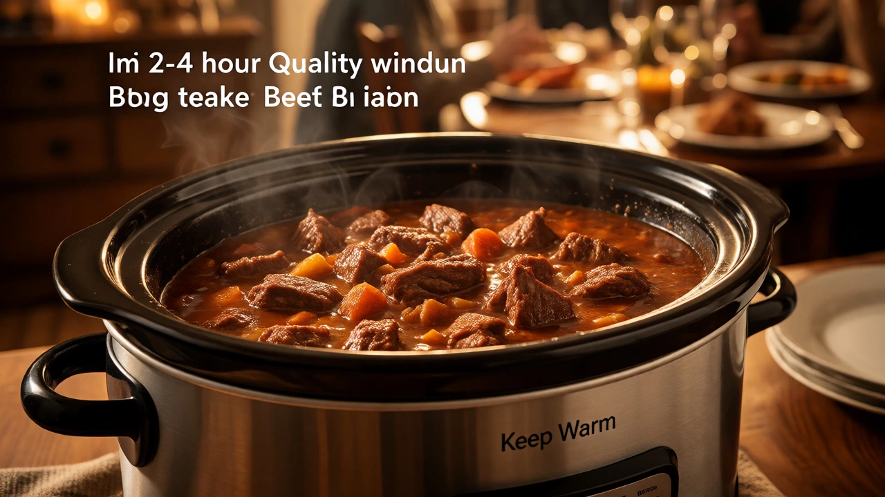 Steaming hot beef stew in a crockpot ready to be served for dinner