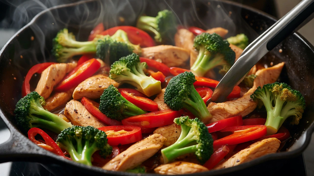 Stir-frying chicken, broccoli, and red chilies in a cast-iron skillet
