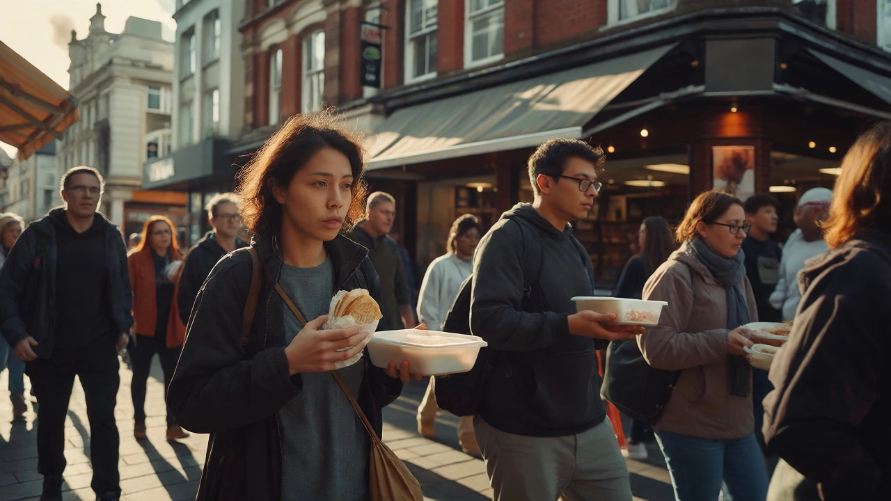 Urban lunch scene with people carrying sandwiches and Tupperware containers outside cafes.