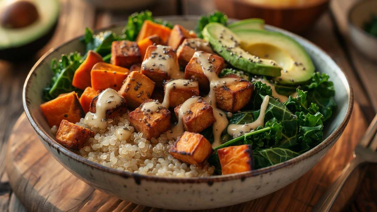 Vibrant quinoa Buddha bowl with tofu, sweet potatoes, and kale
